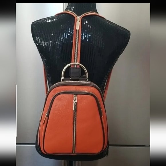 NWT! Valentina Italian Pebbled Leather Orange Backpack Sling/Shoulder Bag - Picture 9 of 14